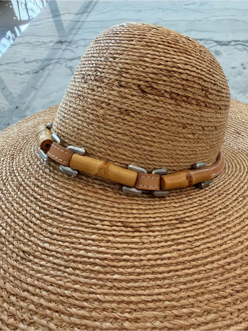 Helen Kaminski Wide Brim Straw Sun Hat in Natural Tan with Leather Trim